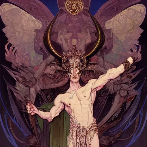 Prompt: beautiful baphomet king, left hand up, right hand down, ad above so below, with wings and tentacles worshiping, artstation by alphonso mucha and jean giraud and craig mullins and ian mccaig and feng zhu and peter mohrbacher