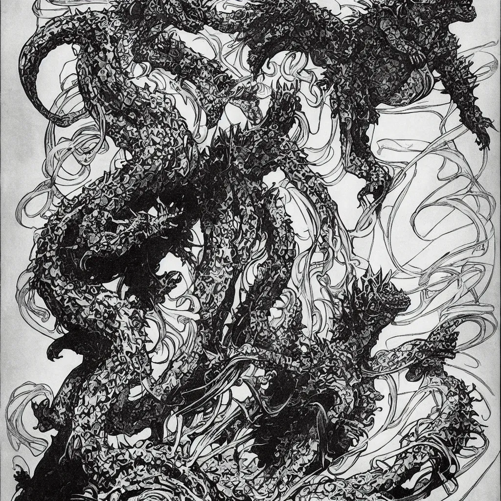 Image similar to Godzilla, Alphonse Mucha