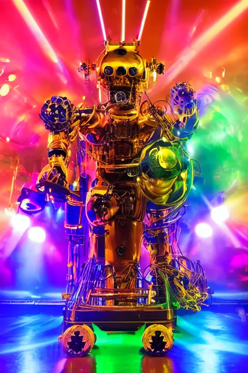 Prompt: portrait photo of a giant huge golden and blue metal humanoid steampunk robot drummer covered with multicolored big gears and tubes, a huge red drumset, eyes are glowing red lightbulbs, shiny crisp finish, 3 d render, 8 k, insaneley detailed, fluorescent colors, background is multicolored lasershow