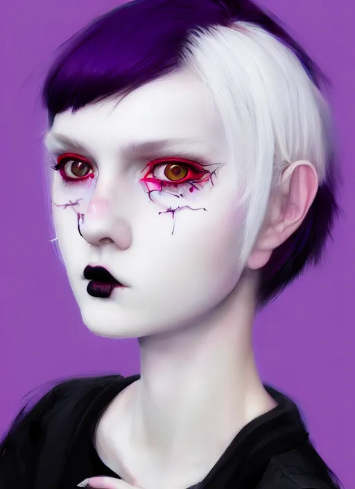 Image similar to portrait of white teenage girl, normal face, white bangs, mall goth, cyberlox, black and white hair, bangs, fluffy bangs, red contact lenses, purple lipstick, intricate, elegant, highly detailed, digital painting, artstation, concept art, sharp focus, smooth, illustration, art by wlop, mars ravelo and greg rutkowski