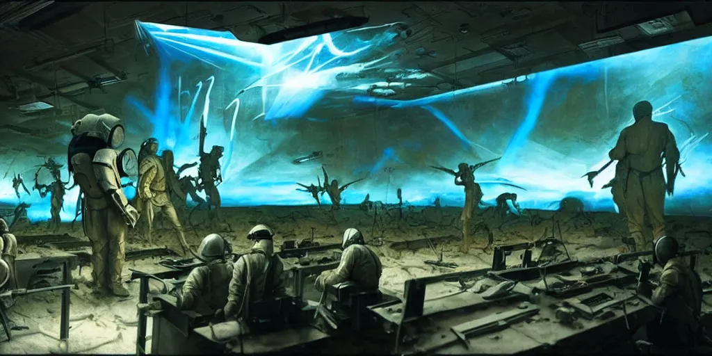 Prompt: 3 d projection detailed battle scene of sci - fi prompt engineers with neural interfaces fighting versus cyber artists with tablets still from biblical movie by denis villeneuve and mort kunstler and norman rockwell. volumetric dramatic cyan gold light