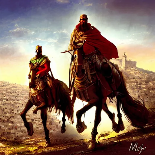 Image similar to Crusaders on horses standing on a ridge overlooking the city of Jerusalem by Marc Simonetti