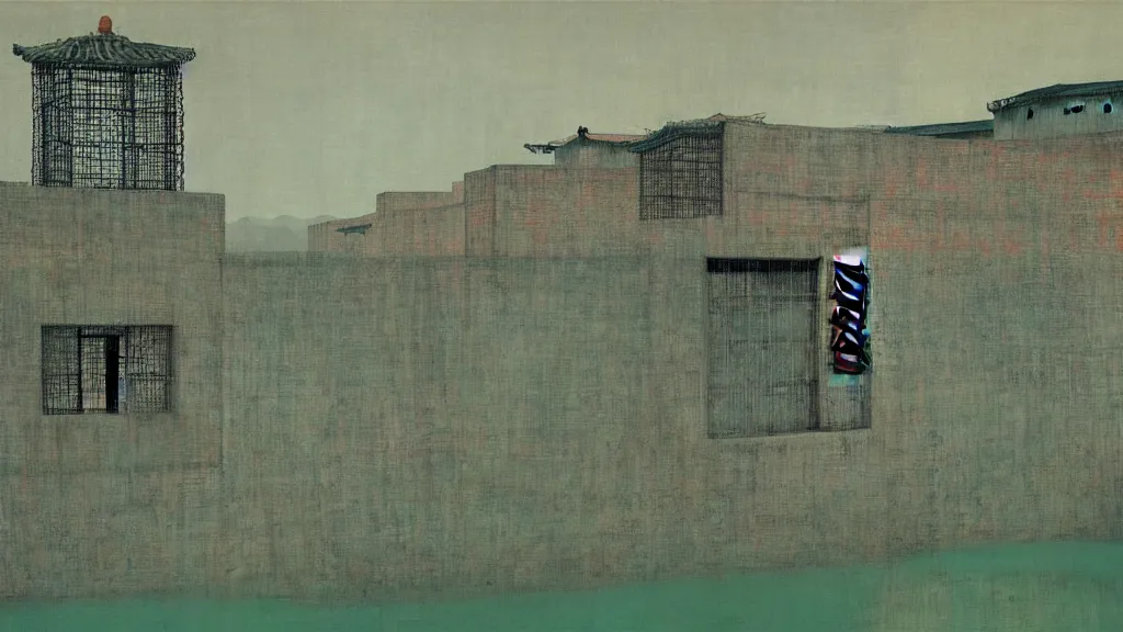 Image similar to a chinese prison near a river by peter doig, muted colors