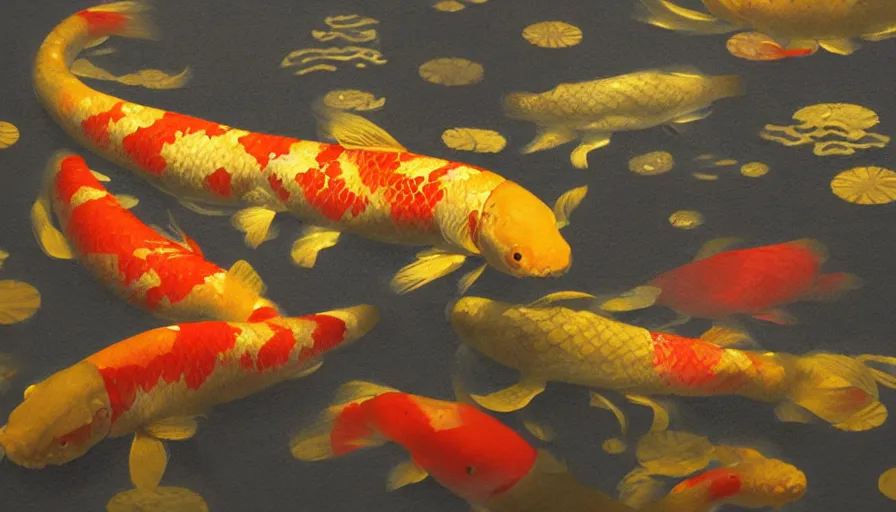 Image similar to a single golden glowing koi! fish swims in magical water with caustics and volumetric lighting, photorealistic painting