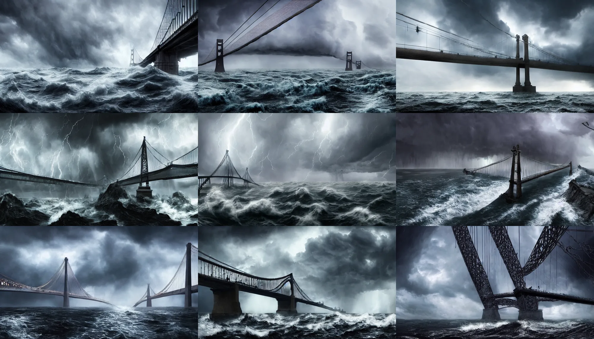 Prompt: Epic Realistic Eerie picture of a huge suspension bridge over stormy ocean, ocean waves, storm, lighting, beautiful detailed stormy clouds over a huge bridge over troubled dark water, Elaborate, Highly Detailed Architecture trending on Artstation hyperdetailed detailed matte painting Unreal Engine Art of Illusion mysterious ominous ethereal expansive, 4K 64 megapixels 8K resolution DSLR HDR Cinema 4D IMAX detailed hyperdetailed photorealistic concept art detailed painting deviantart hyperrealism trending on Artstation Unreal Engine,landscape polished photorealistic landscape polished photorealistic Photorealism, lifelike Geometric, realistic, amazing depth expansive realistic photo-like painting by Caspar David,highly intricate, sophisticated and complex digital painting, hyperrealism, Cinema 4D, 8k resolution, 64 megapixels, CGSociety, ZBrushCentral, behance HD, hypermaximalist, a masterpiece,erie disturbing anxious epic amazing disturbing causing anxiety,soft focus macro lens macro photography panorama golden hour filmic long exposure Art of Illusion Artrift AutoCAD rendered in Blender shadow depth Sketchlab r/Art deviantart