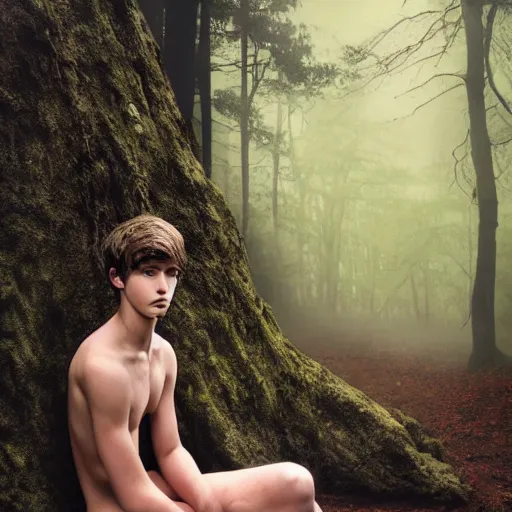 Image similar to a teenage boy, around 1 9 yo. iron necklace. natural brown hair. loincloth, pale skin. detailed face. sitting on a rock. ominous and eerie looking forest in background. natural colors. hyperrealistic photo.