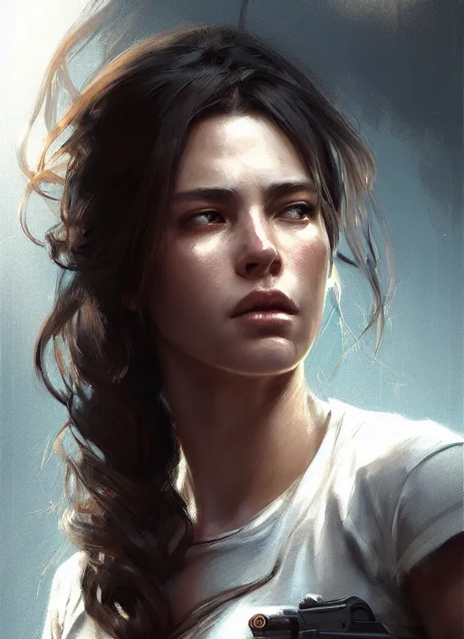 Image similar to epic portrait cinematic shot an female survivor wearing a white t shirt and a military vest, flowing hair, sweaty skin, fine details. night setting. realistic shaded lighting poster by craig mullism, artgerm, jeremy lipkin and michael garmash, unreal engine, radiant light, detailed and intricate environment, digital art, trending on art station,