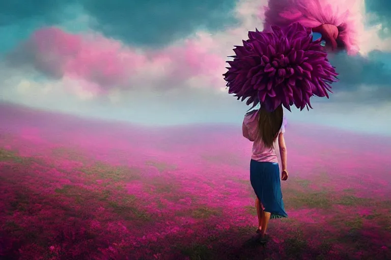 Image similar to giant dahlia flower, on head, girl walking on mountain, surreal photography, pink storm clouds, dramatic light, impressionist painting, digital painting, artstation, simon stalenhag