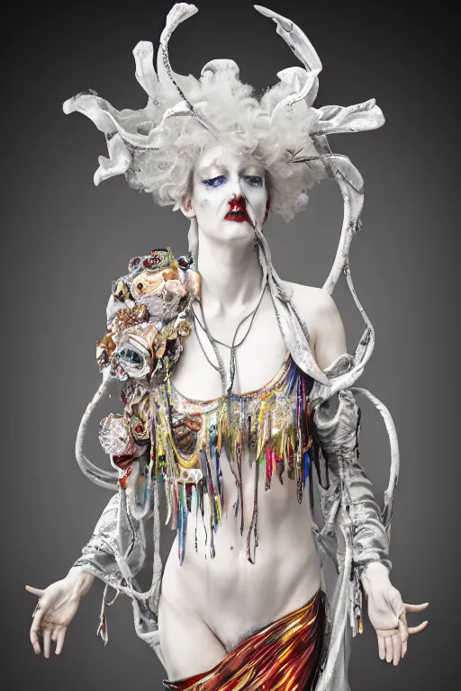 Image similar to white porcelain statue of wired matte sacred queen, sculpture with metallic polished intricated surface, dressed with a colorful torn silk cloak and chrome ornaments, made by antonio corradini, and dug stanat macabre art, dark surrealism, epic and cinematic view, volummetric light, texturized, detailed, freak circus, high graphics 8 k