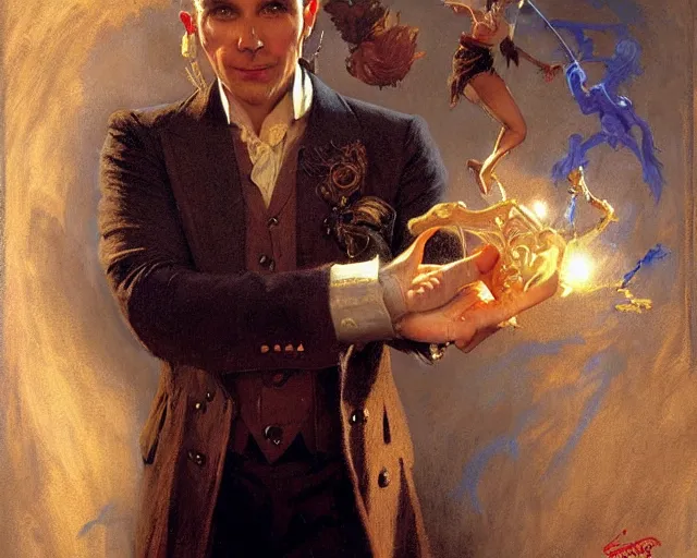 Image similar to attractive magician man, casting impossible magic. highly detailed painting by gaston bussiere, craig mullins, j. c. leyendecker 8 k
