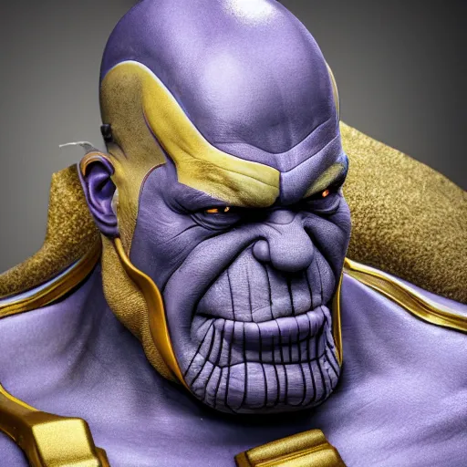 Image similar to Thanos merged with homer simpson, ultra realistic, concept art, intricate details, dark, highly detailed, photorealistic, octane render, 8k, unreal engine