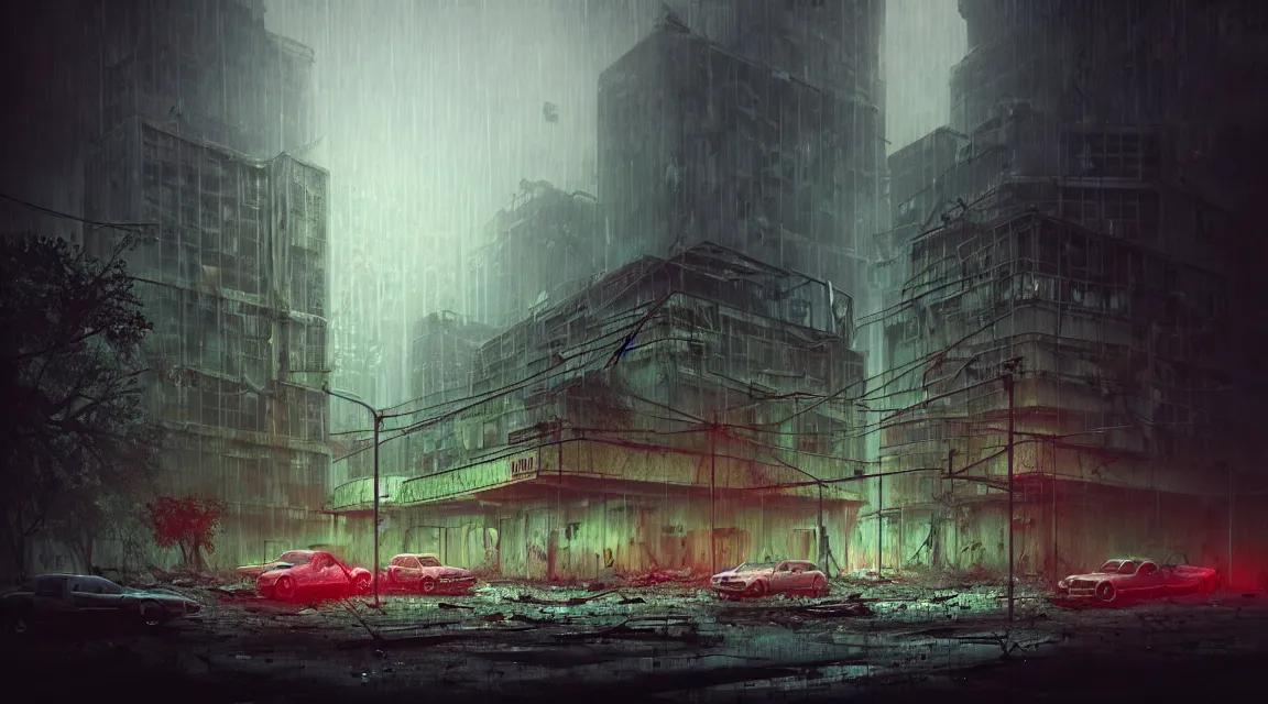 Image similar to post apocalyptic city building, raining, building, avenue, modern contemporary urban americana concrete architecture, by pascal blanche, neil blevins, neon color scheme, trending on artstation, photorealistic, neon ambiance, ultra detailed, high definition, depth of field, bokeh, wild vegetation, blood stains, crumbling, post - apocalyptic warriors