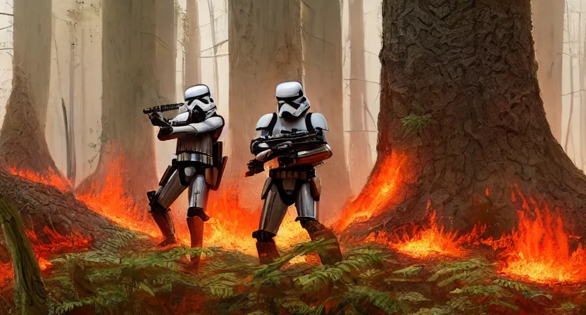 Prompt: imperial stormtroopers shooting red blaster bolts in a burned lifeless forest with burned trees and plants concept art by Doug Chiang cinematic, realistic painting, high definition, digital art, symmetrical, very detailed, extremely high detail, photo realistic, concept art, unreal engine 5, the Mandalorian concept art style