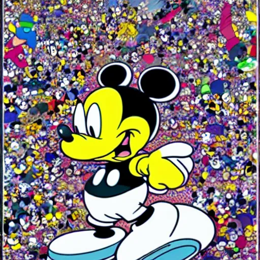 Image similar to mickey mouse and bart simpsons anime manga glitch art pop art by takashi murakami