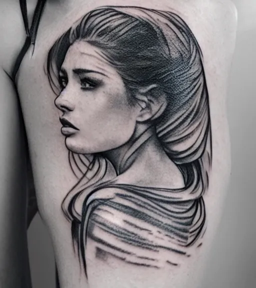 Image similar to tattoo design sketch of an extremely beautiful woman face with a faded background of stunning mountain view on her side, hyper - realistic, in the style of matteo pasqualin, amazing detail, black and white, faded