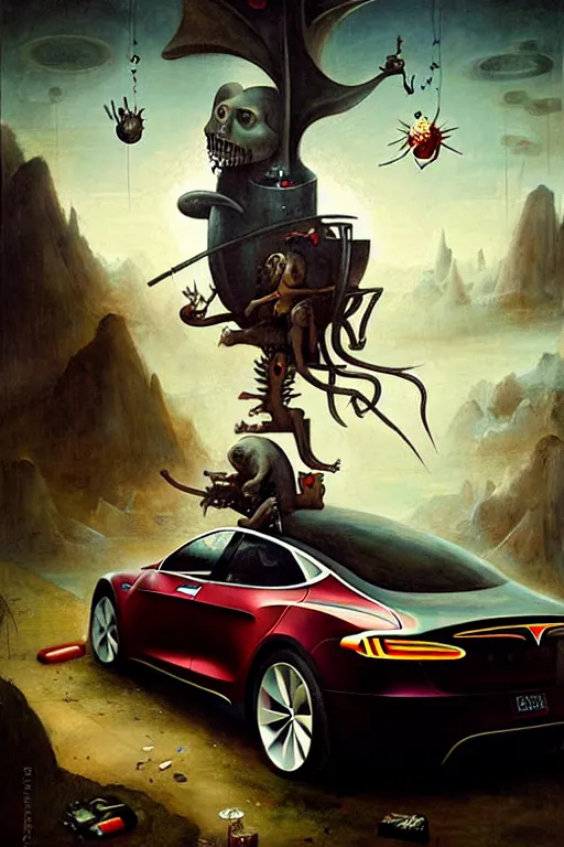 Image similar to hieronymus bosch, greg rutkowski, anna podedworna, painting of a elon musk doing heroin while driving a tesla into an orphanage