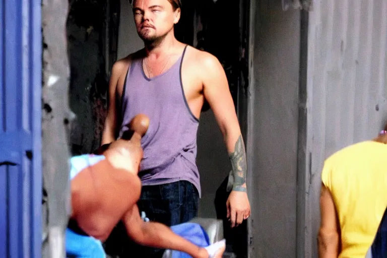 Image similar to medium full shot of leonardo dicaprio as a gang member wearing a purple head covering made from a polyester or nylon material and a stained white tank top caught doing crack inside a detroit gang trap house, arms covered in gang tattoo, paparazzi, leaked footage, uncomfortable, bad quality