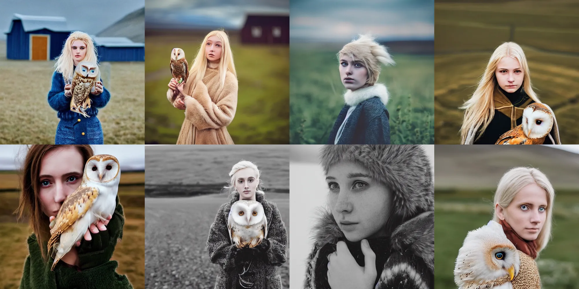 Prompt: medium shot portrait photograph. petzval lens. extremely pretty!!! young blonde female with symmetric face. very detailed face. holding a very detailed barn owl!!!!! in iceland. out of focus background. fashion portrait by alesio albi and tyler mitchel