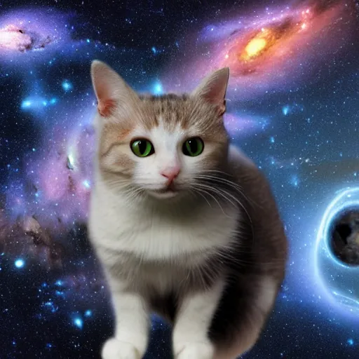 Image similar to ultrarealism, vast spaces, cosmic background, cat in space suit