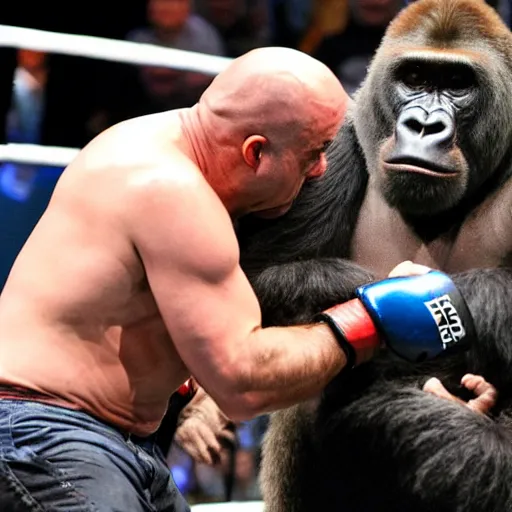 Prompt: Joe Rogan fighting a 500 pound silverback gorilla