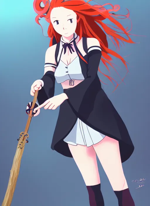 Image similar to redhead holding witch wand, advertising photoshoot, magic school academia, by studio ghibli, elegant, beautiful, digital art, trending on artstation, highly detailed, illustration, concept art, masterpiece