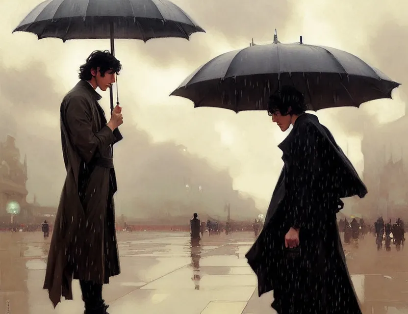 Prompt: ben solo in the rain, somber, painted by krenz cushart, mucha, ghibli, by joaquin sorolla rhads leyendecker, by ohara koson