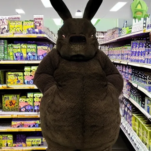 Prompt: scary monster big chungus in a grocery store, vhs, horro