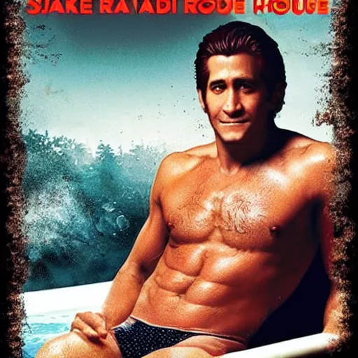 Image similar to a movie poster of Jake Gyllenhaal as patrick Swayze sitting in a hot tub in the movie Road House