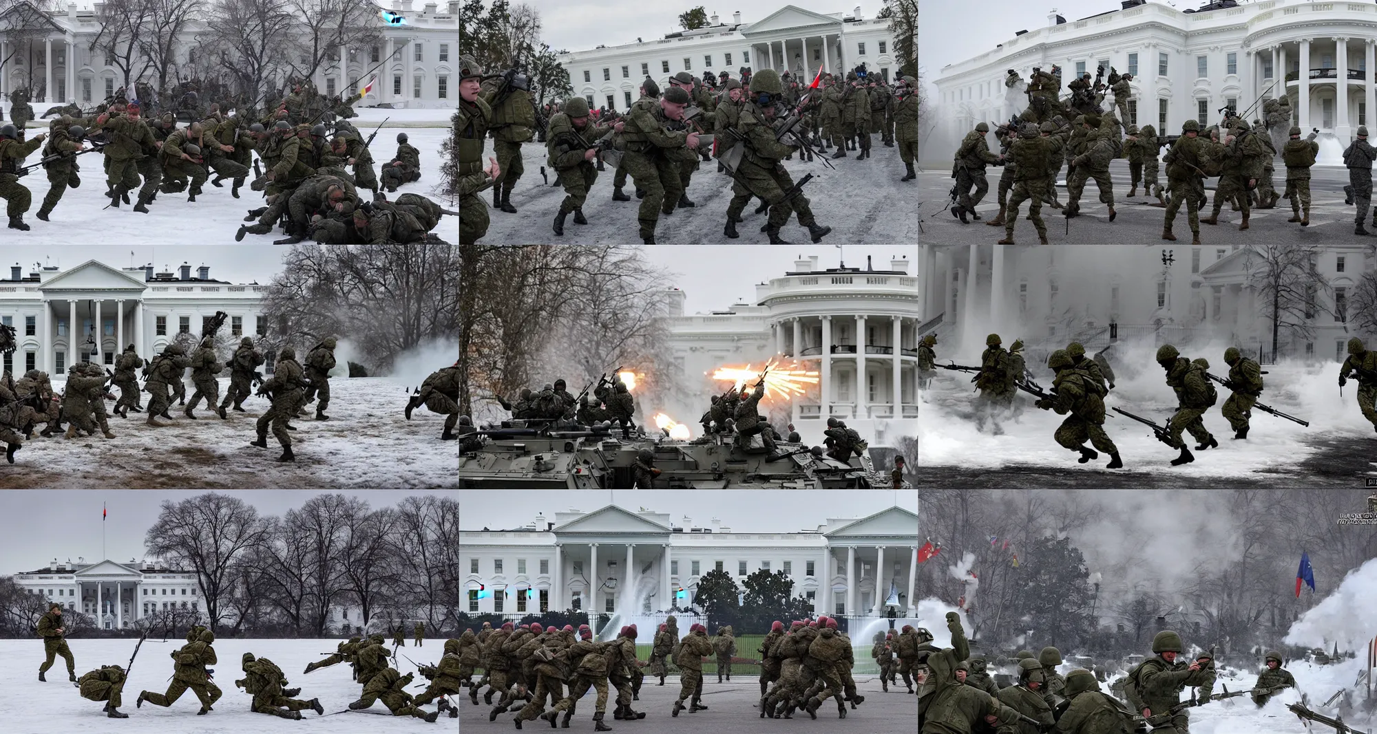 Prompt: russian army atacking the white house, epic battle scenery photo