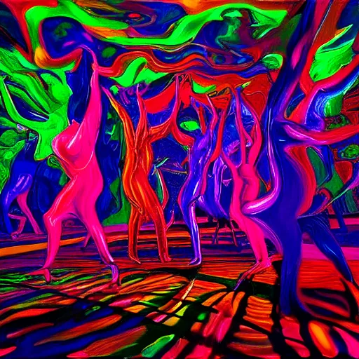 Image similar to liquid people dancing in a lightfull room by lynda benglis, hyperrealistic, colorful shadows, high detail, digital art