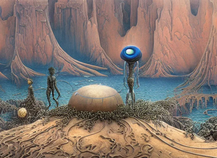 Image similar to strange surrealist detailed alien electronic-musical-instruments!! in a bryce 3d surrealist landscape biome, designed by john howe, and pixar!!, Michael Whelan art directs Dune (1984), hyper detailed, photorealistic, 8k, hd