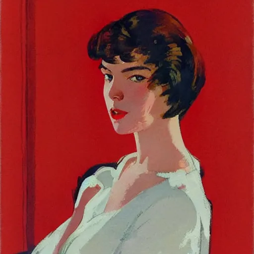 Image similar to a saturday evening post illustration of a french fashion model posing in a red dress by coby whitmore