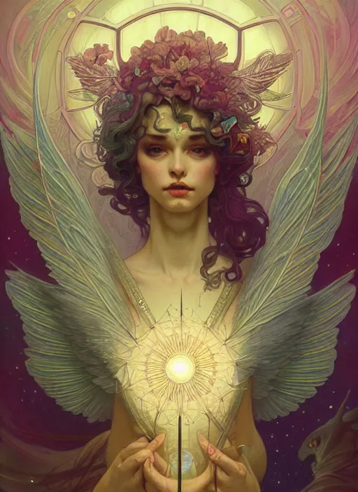 Prompt: symmetry!! cancer!!!! highly detailed, high contrast, light reflection, delicate patterns with feather texture, shining angel sword, trippy, nebula, trending on art station by artgem, by peter mohrbacher, by wlop, by ruan jia and alphonse mucha