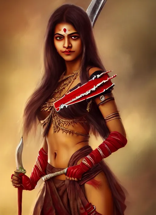 Image similar to full body portrait of a barefoot indian female vampire warrior by guweiz, barefoot, crimson armor, two - handed sword, lithe, athletic, face, beautiful face, detailed, historical indian heavy armor, anatomically accurate, guweiz, z. w. gu on artstation, 4 k.