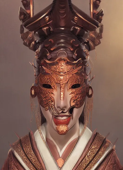 Image similar to a beautiful detailed oil on copper art illustration of a japanese samurai demon mask woman, the mask is broken, centered, by charlie bowater, zeng fanzh, trending on artstation, dim dusk lighting, cinematic lighting, detailed lighting, volumetric lighting, realistic, f 8, 4 k hd wallpaper