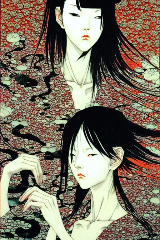 Prompt: japan cyberpunk girl, nice long black leather, detailed acrylic, grunge, intricate complexity, by takato yamamoto and by gediminas pranckevicius, joan mitchell