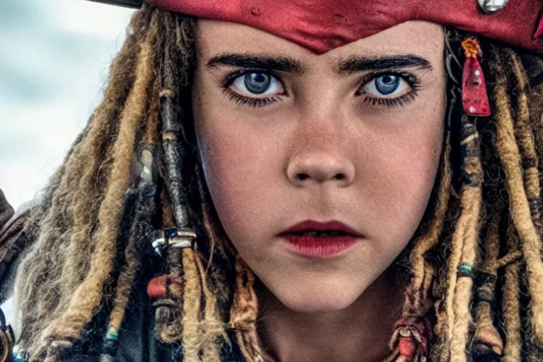 Prompt: promotional image of kiernan shipka as a gritty pirate captain in the new Pirate of the Carribean movie, dark stormy weather, detailed face, movie still frame, promotional image, imax 70 mm footage