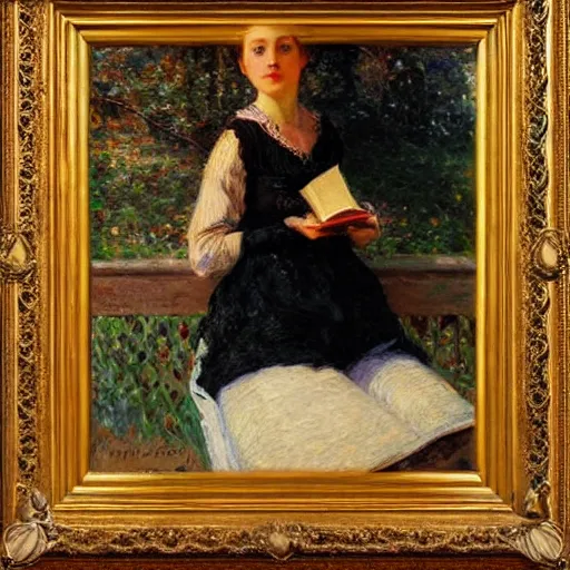 Image similar to portrait of a young woman holding a book, impressionism, realism, landscape, portrait, romanticism, painting by nikolay makovsky