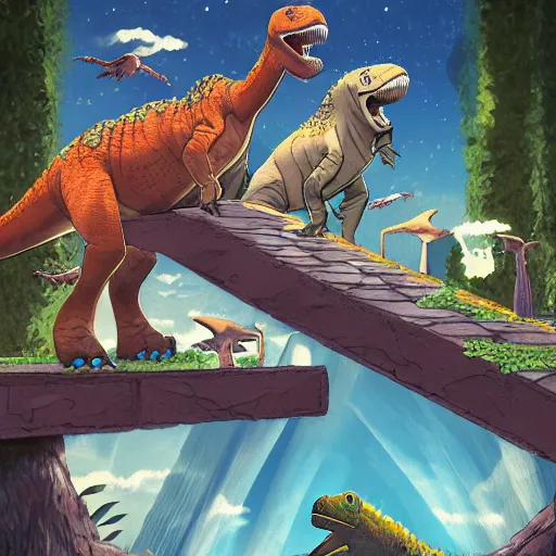 Prompt: Two dinosaurs playing Jenga at the Oscars ceremony, by studio ghibli, 8k artstation