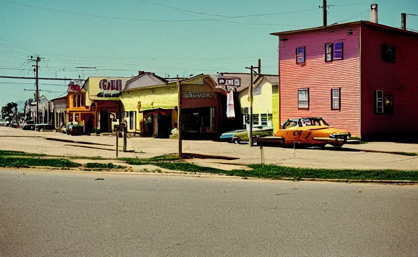 Prompt: photo of a colorful rural town by William Eggleston