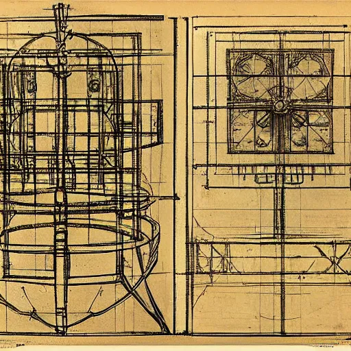 Prompt: time machine blueprints by leonardo davinci