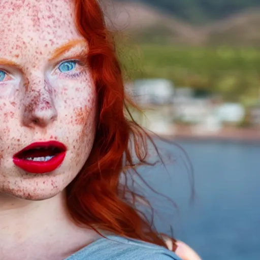 Image similar to Close up photo of the left side of the head of a redhead woman with gorgeous blue eyes and wavy long red hair, red detailed lips and freckles who looks directly at the camera. Slightly open mouth. Whole head visible and covers half of the frame, with a park visible in the background. 135mm nikon.