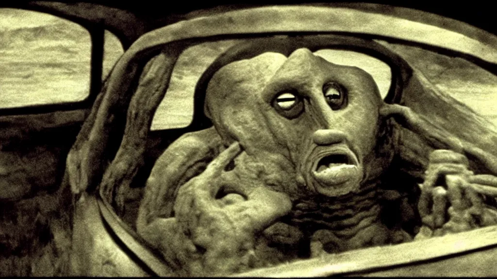 Prompt: the creature sits in a car, made of clay and oil, film still from the movie directed by David Cronenberg with art direction by Salvador Dalí, wide lens