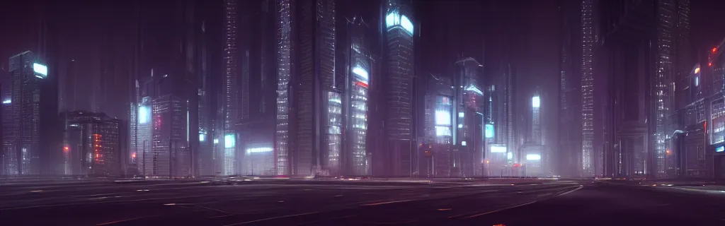 Image similar to an immaculate octane redshift rendering of a futuristic city scape at night in the fog. ambient occlusion. volumetric lighting.