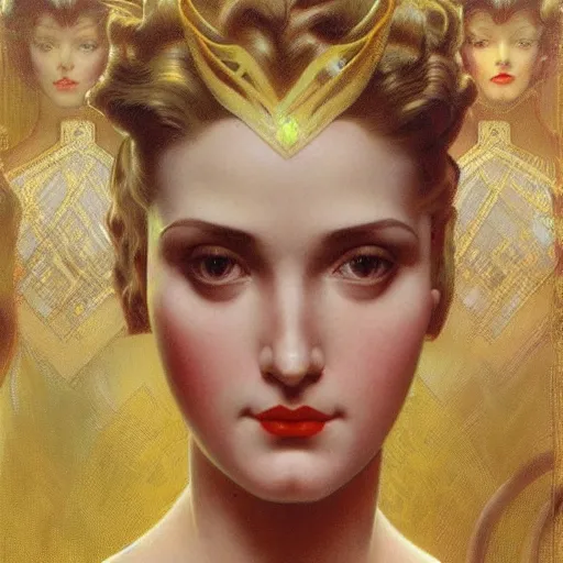 Image similar to yelena belova, goddess, hyperrealistic full figure, art deco factory, metropolis by alphonse mucha, by frank frazetta and by klimt and by alphonse mucha, fantasy art, intricate detailing, dynamic lighting, artstation, full figure poster, volumetric lighting, very detailed face, 4 k, award winning