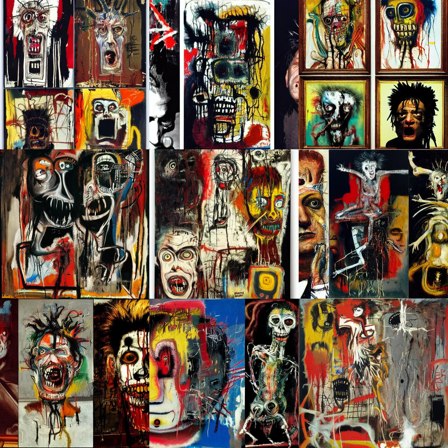 Prompt: terrifying horrifying excruciating schizophrenia, madness, by herman brood, by francis bacon, by jean - michel basquiat, by gustave moreau