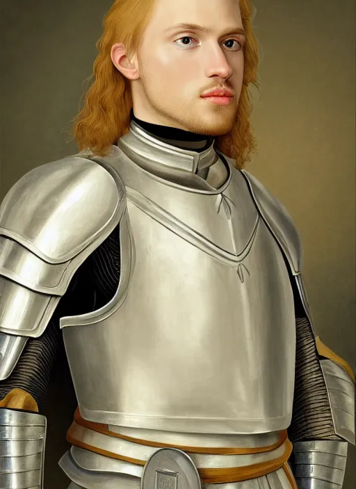 Image similar to oilpainting of a handsome young knight with a beautiful face and clear skin, long blond hair, wearing an engraved plate armor, no helmet, high resolution, clear image, digital art, studio photo, 4 k, clear lines, artstation, rendition by jan van eyck