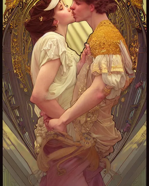 Image similar to the kiss | highly detailed | very intricate | art nouveau | gold filigree | romantic storybook fantasy | soft cinematic lighting | award - winning | painted by mandy jurgens and alphonse mucha and alena aenami | pastel color palette | featured on artstation