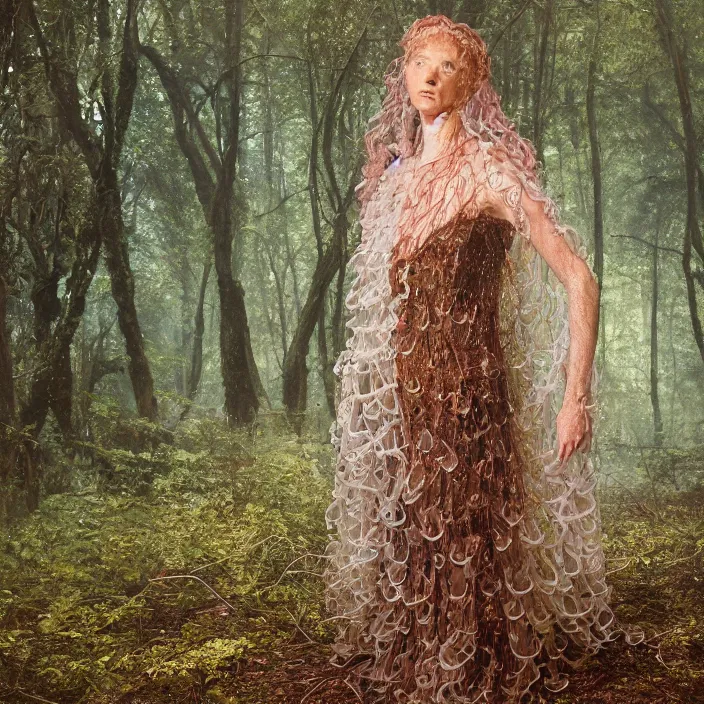 Prompt: a closeup portrait of a woman wearing a dress made of jelly fish and eels, standing in a forest, color photograph, by vincent desiderio, canon eos c 3 0 0, ƒ 1. 8, 3 5 mm, 8 k, medium - format print