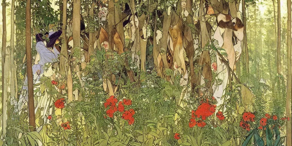 Prompt: a beautiful painting of wild animals in the woods with vines and ferns and flowers, painted by carl larsson and alphonse mucha